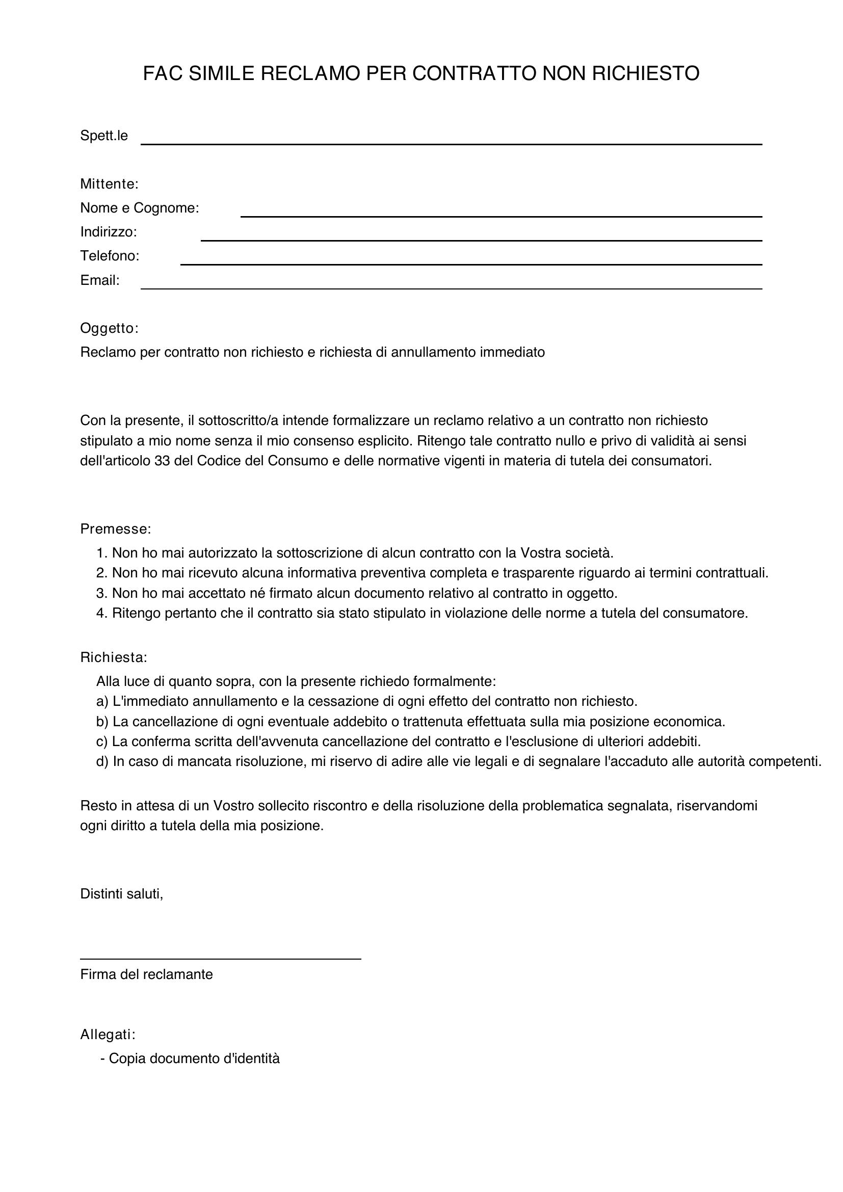 Fac Simile Reclamo Per Contratto Non Richiesto