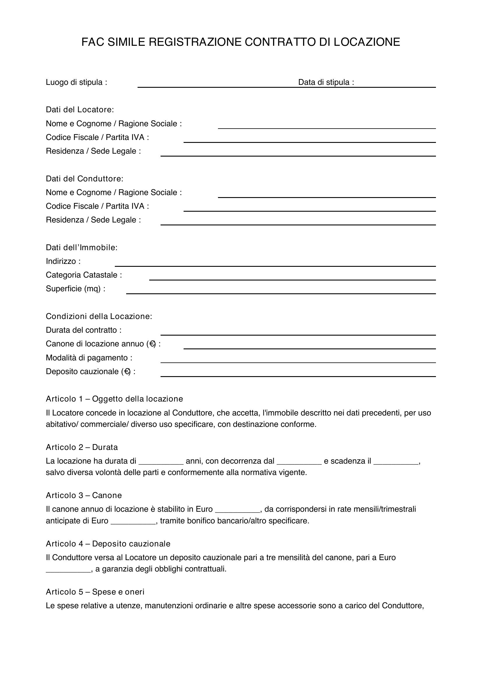 Fac Simile Registrazione Contratto Locazione
