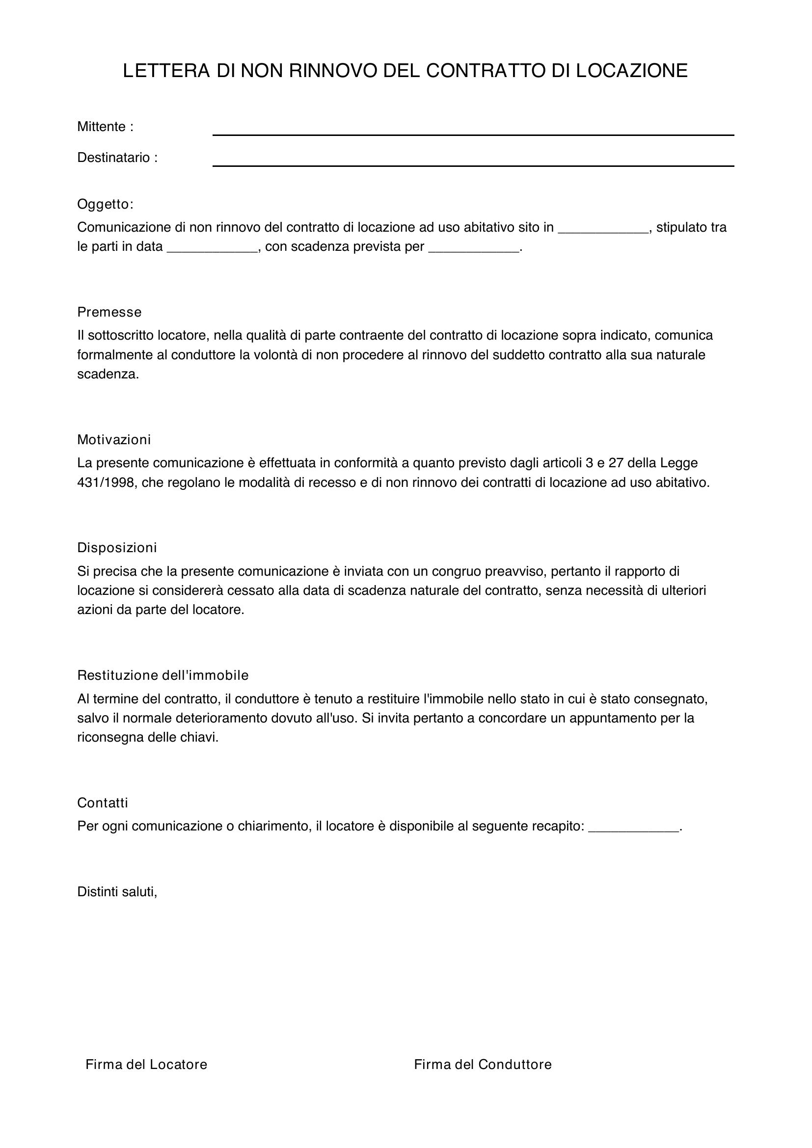 Lettera Di Non Rinnovo Contratto Di Locazione