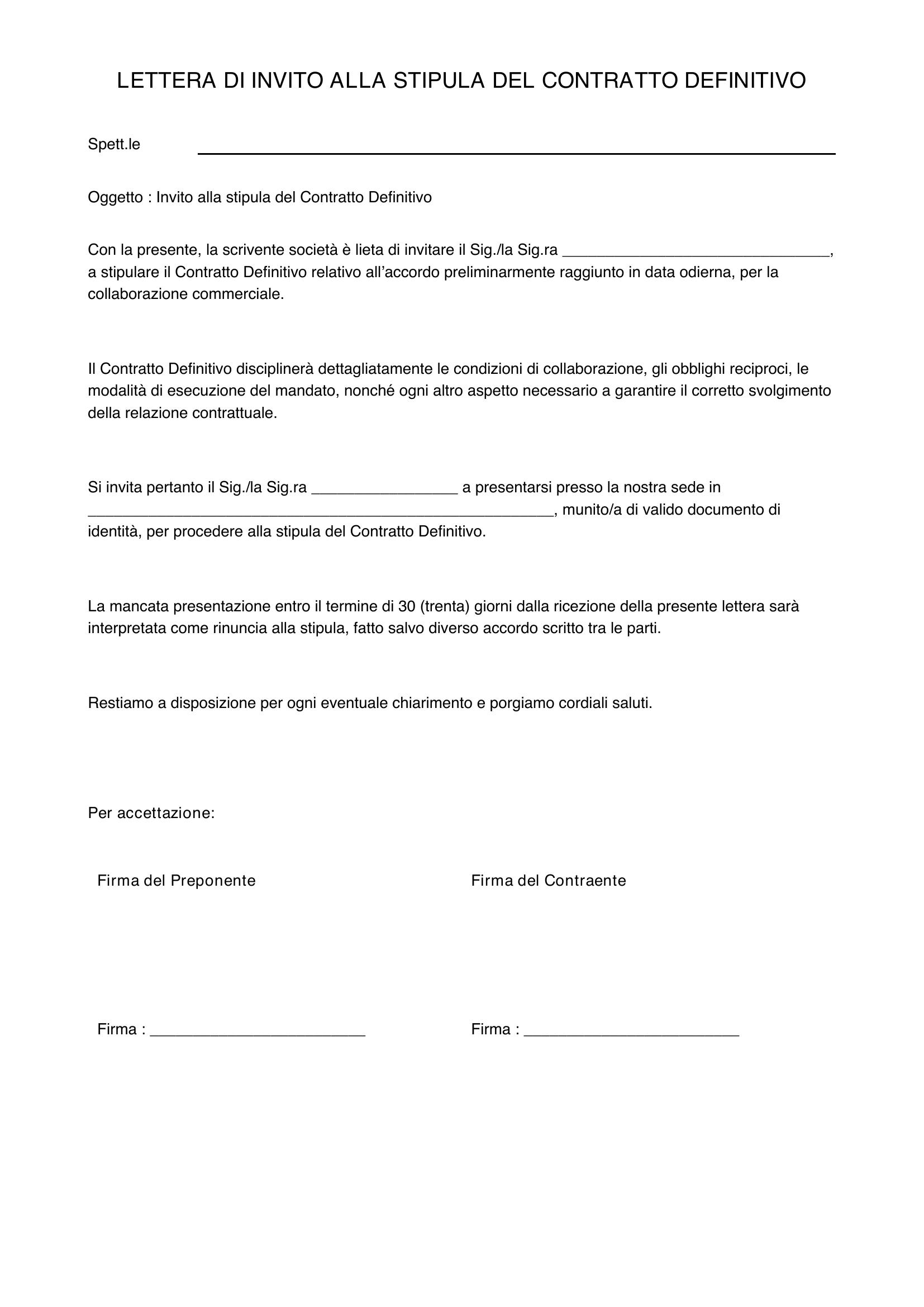 Lettera Invito Stipula Contratto Definitivo Fac Simile