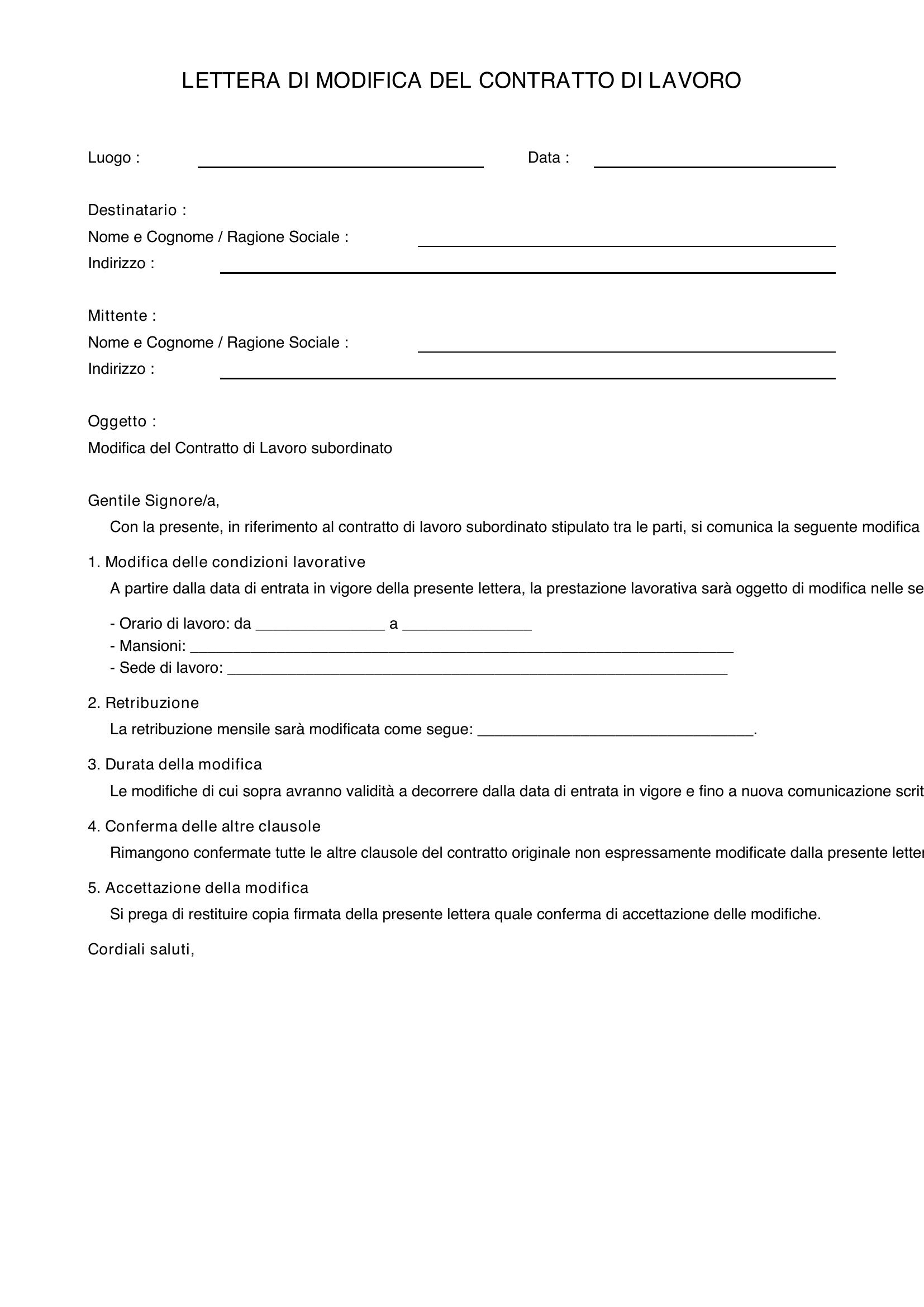 Lettera Modifica Contratto Di Lavoro