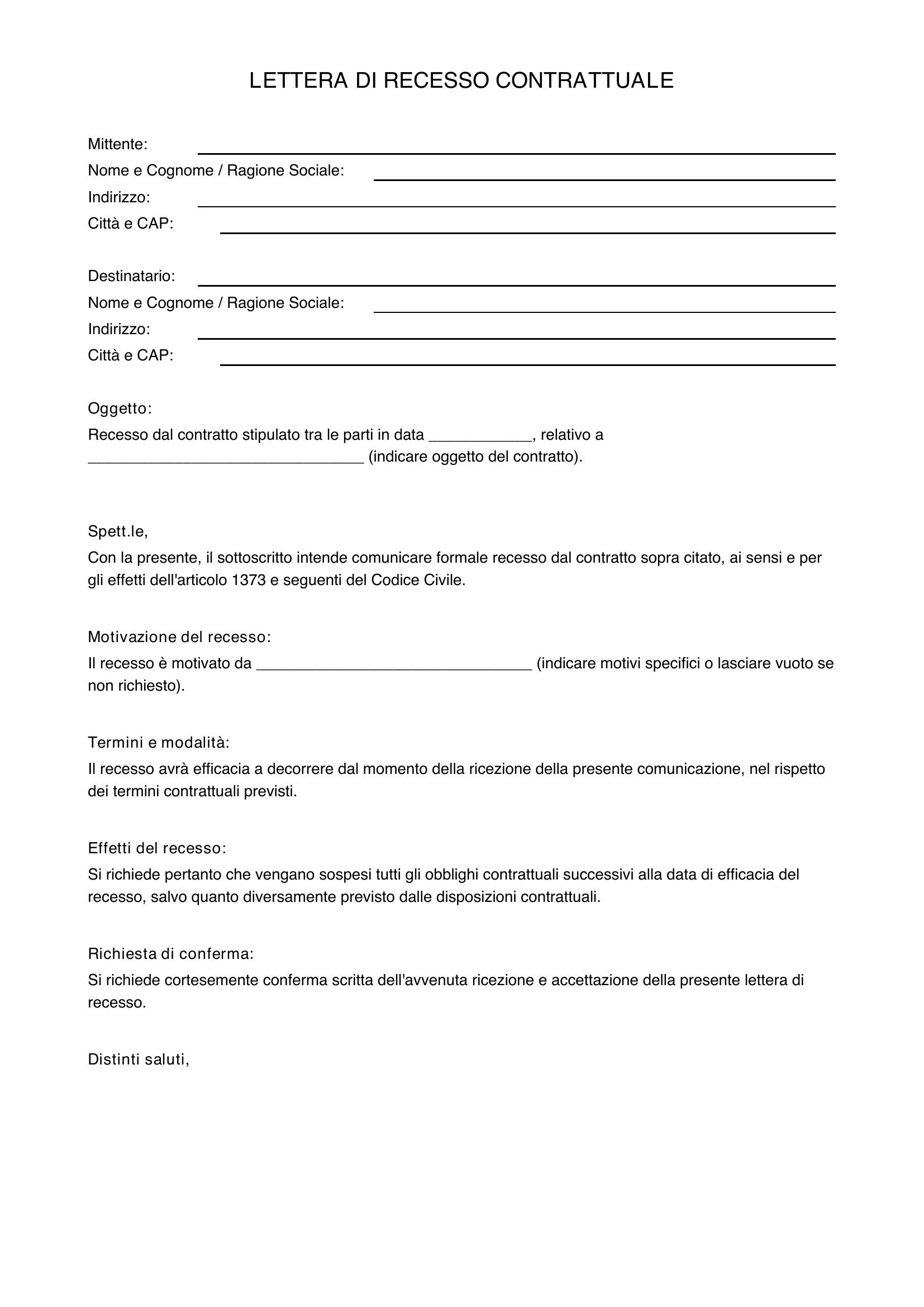 Lettera Recesso Contratto
