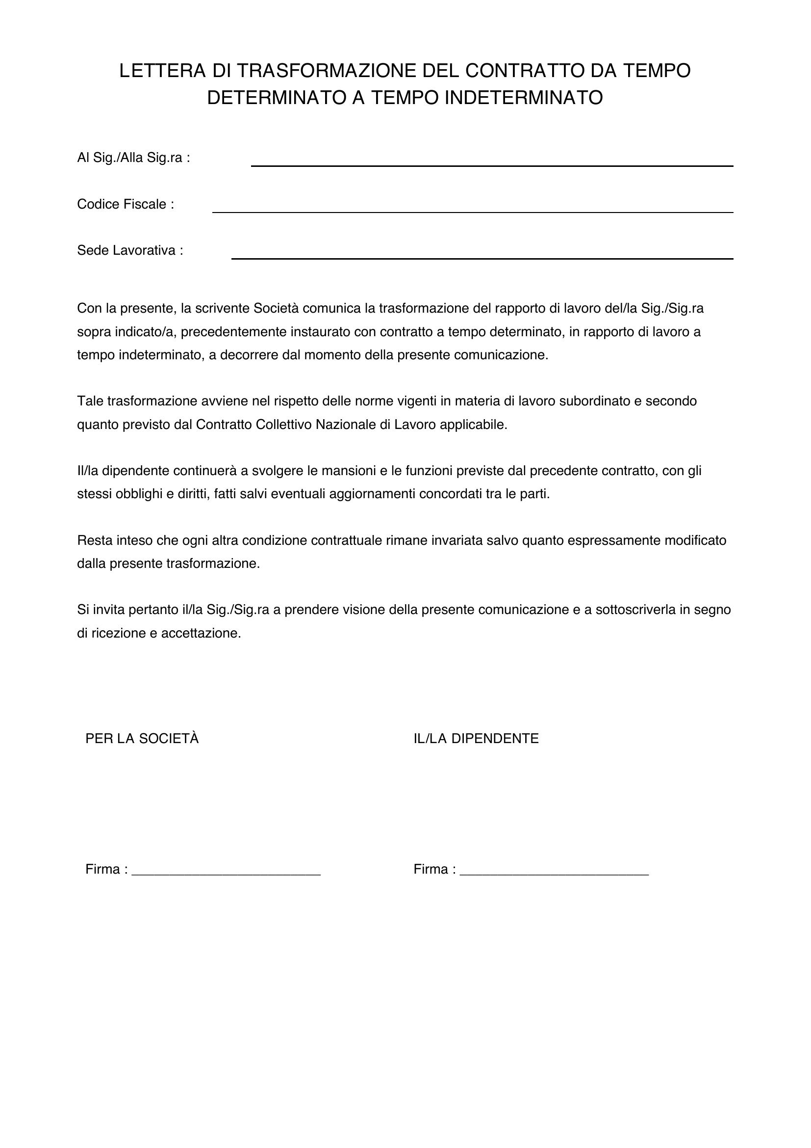 Lettera Trasformazione Contratto Da Tempo Determinato A Tempo Indeterminato