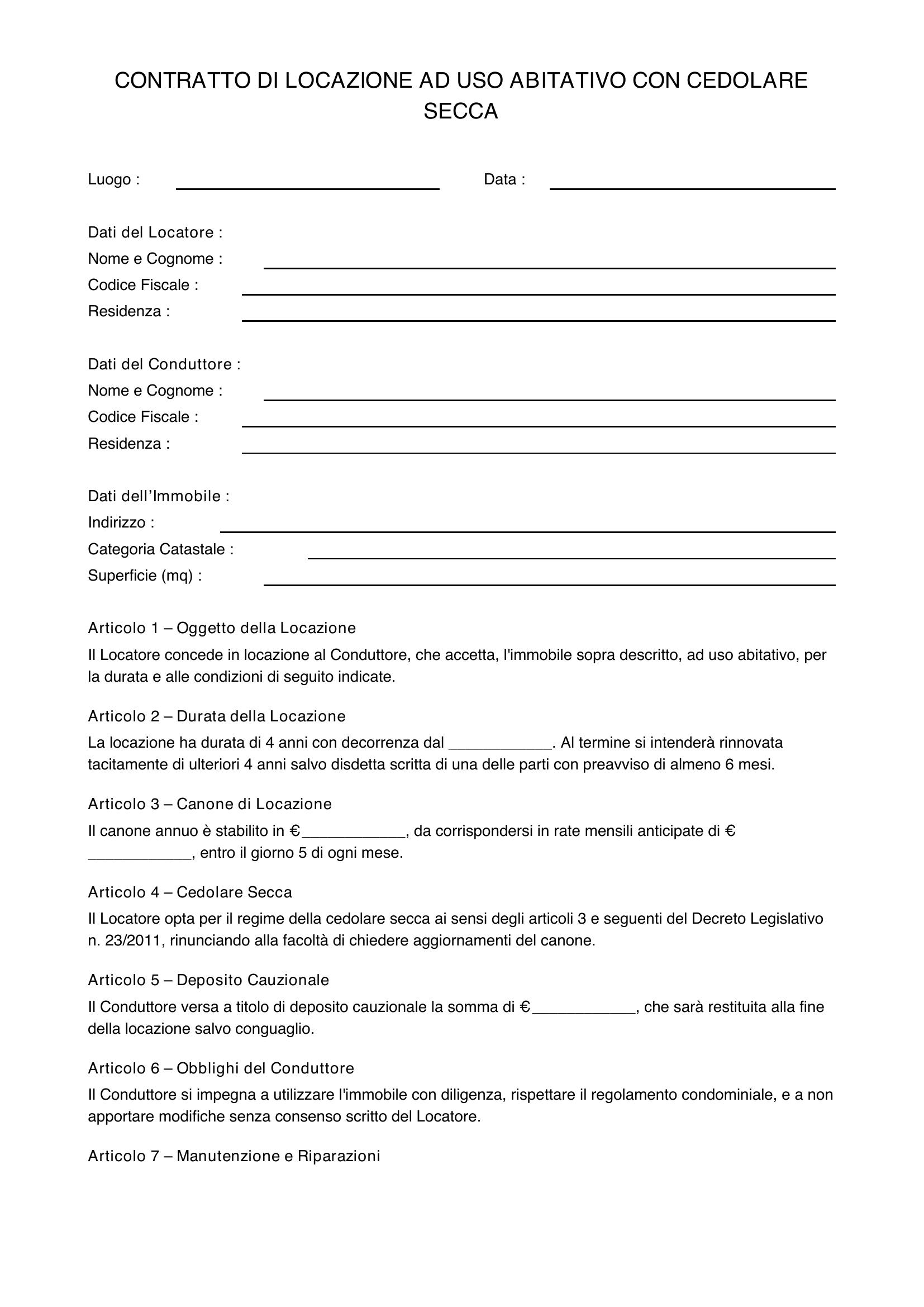 Modello Contratto Affitto Cedolare Secca