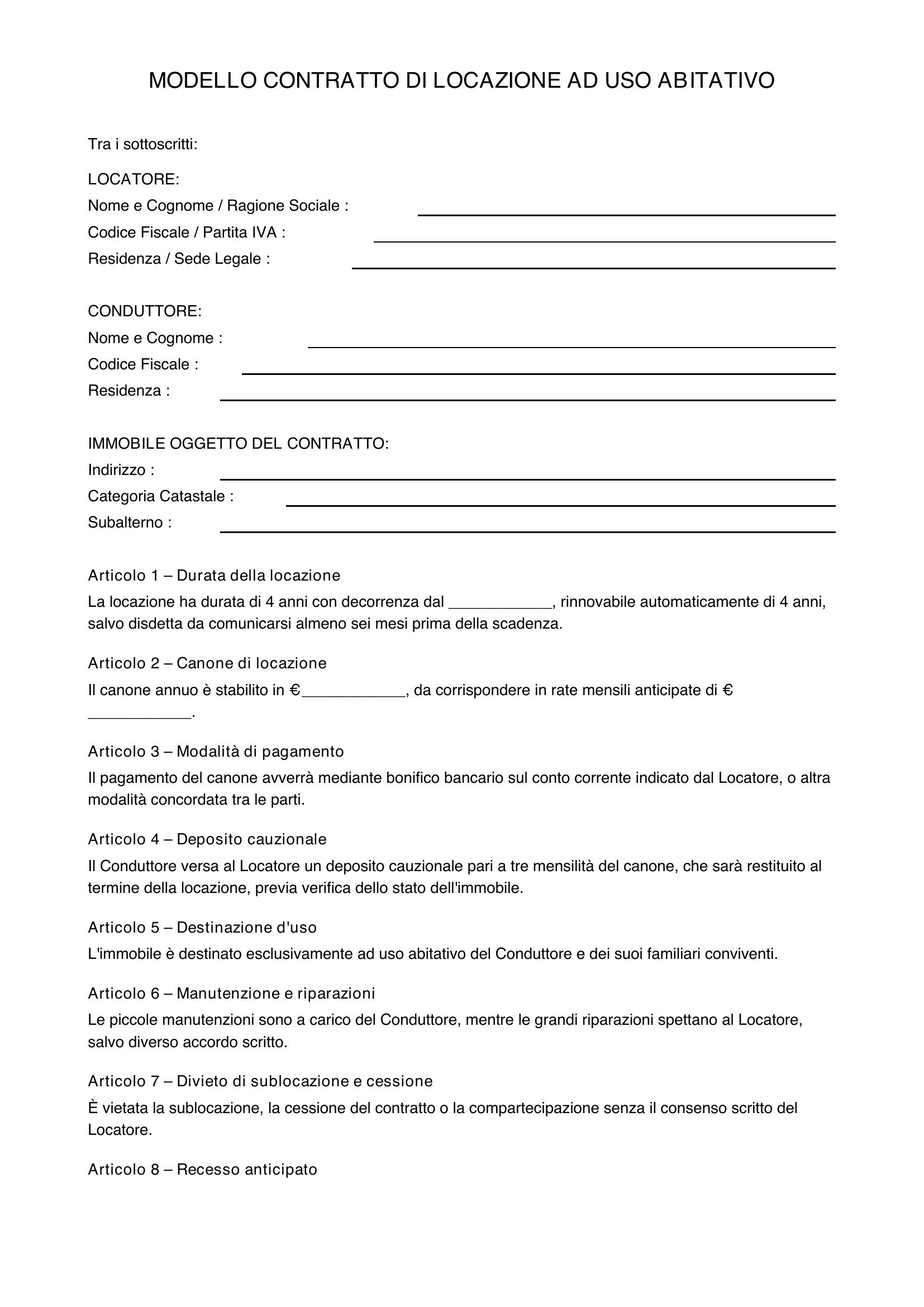 Modello Contratto Di Locazione Ad Uso Abitativo Agenzia Delle Entrate