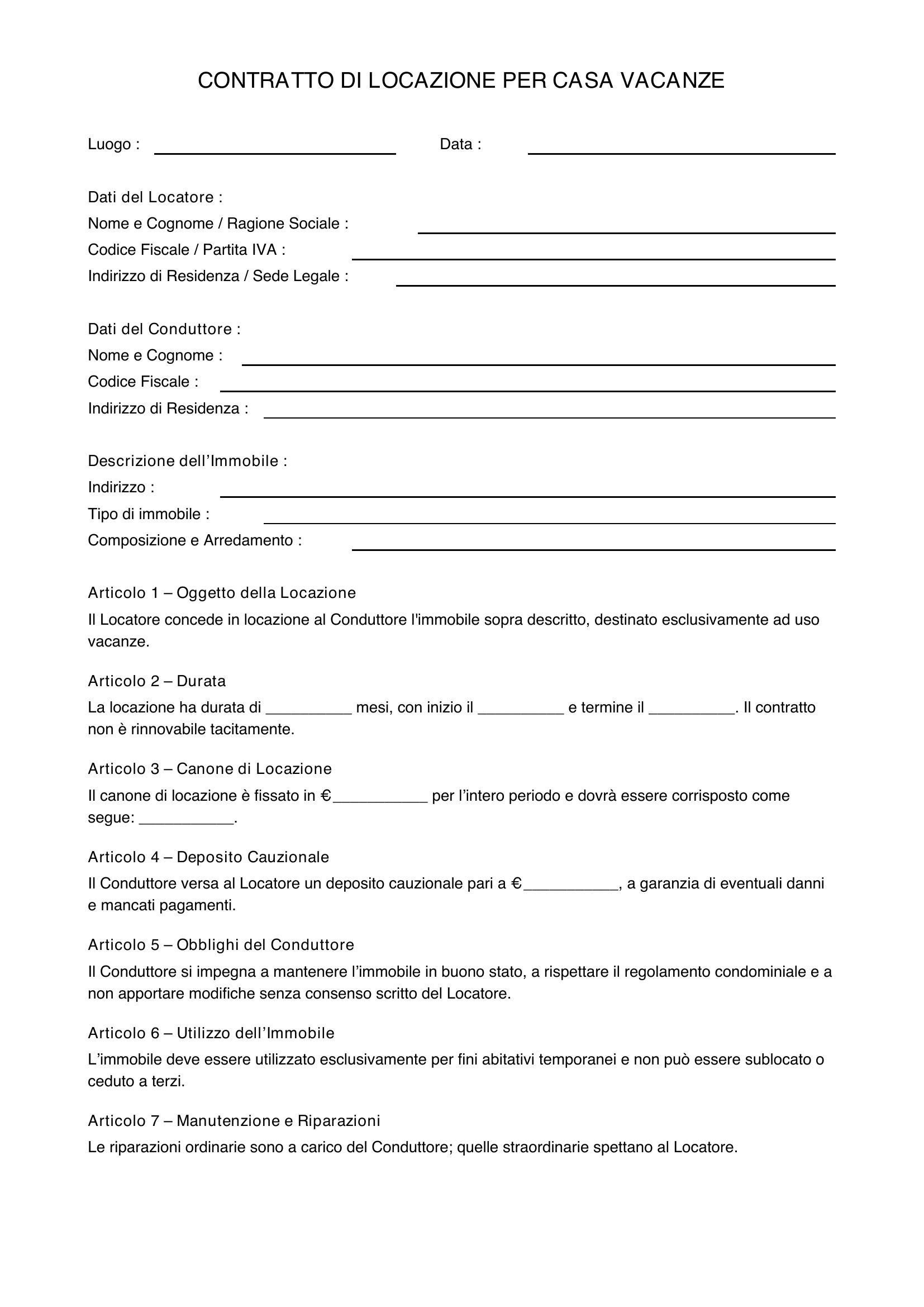 Modello Contratto Di Locazione Casa Vacanze Formato Doc