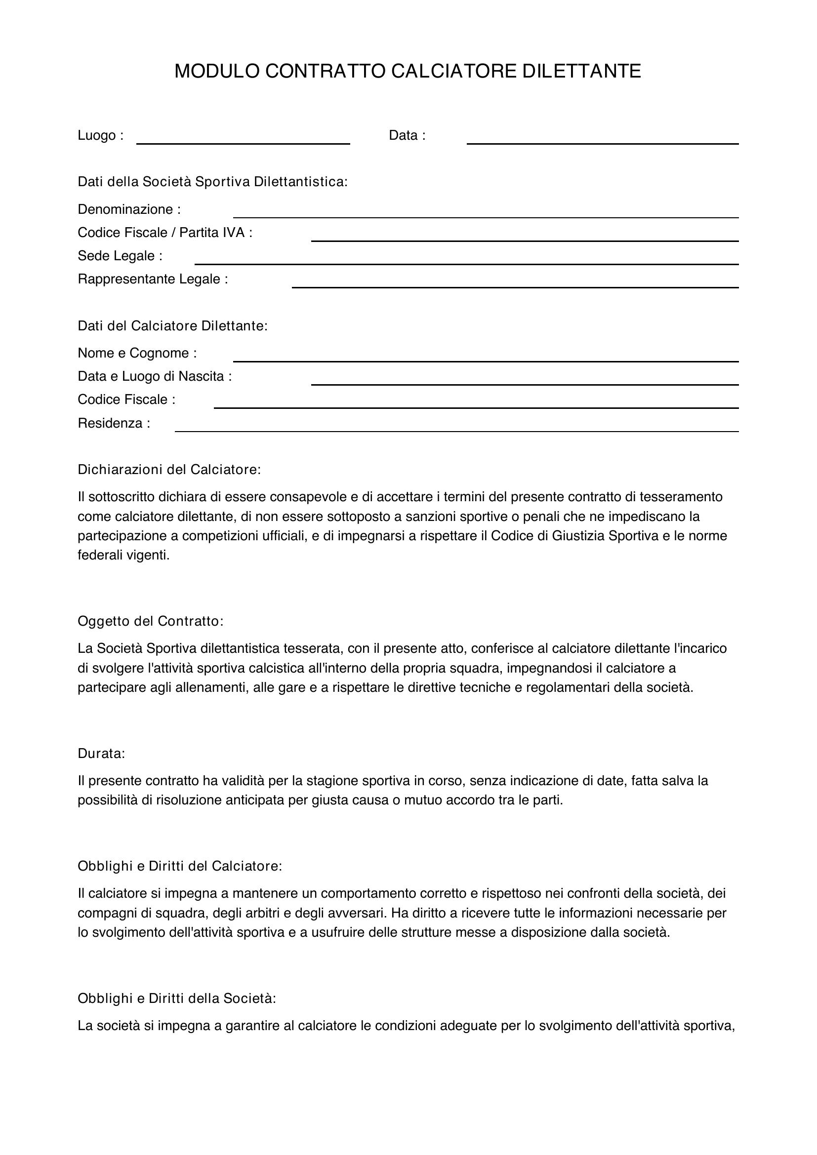 Modulo Contratto Calciatore Dilettante