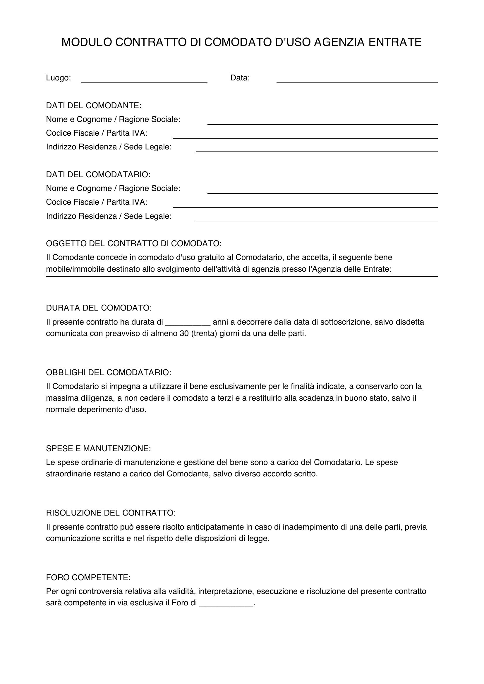 Modulo Contratto Comodato D'Uso Agenzia Entrate