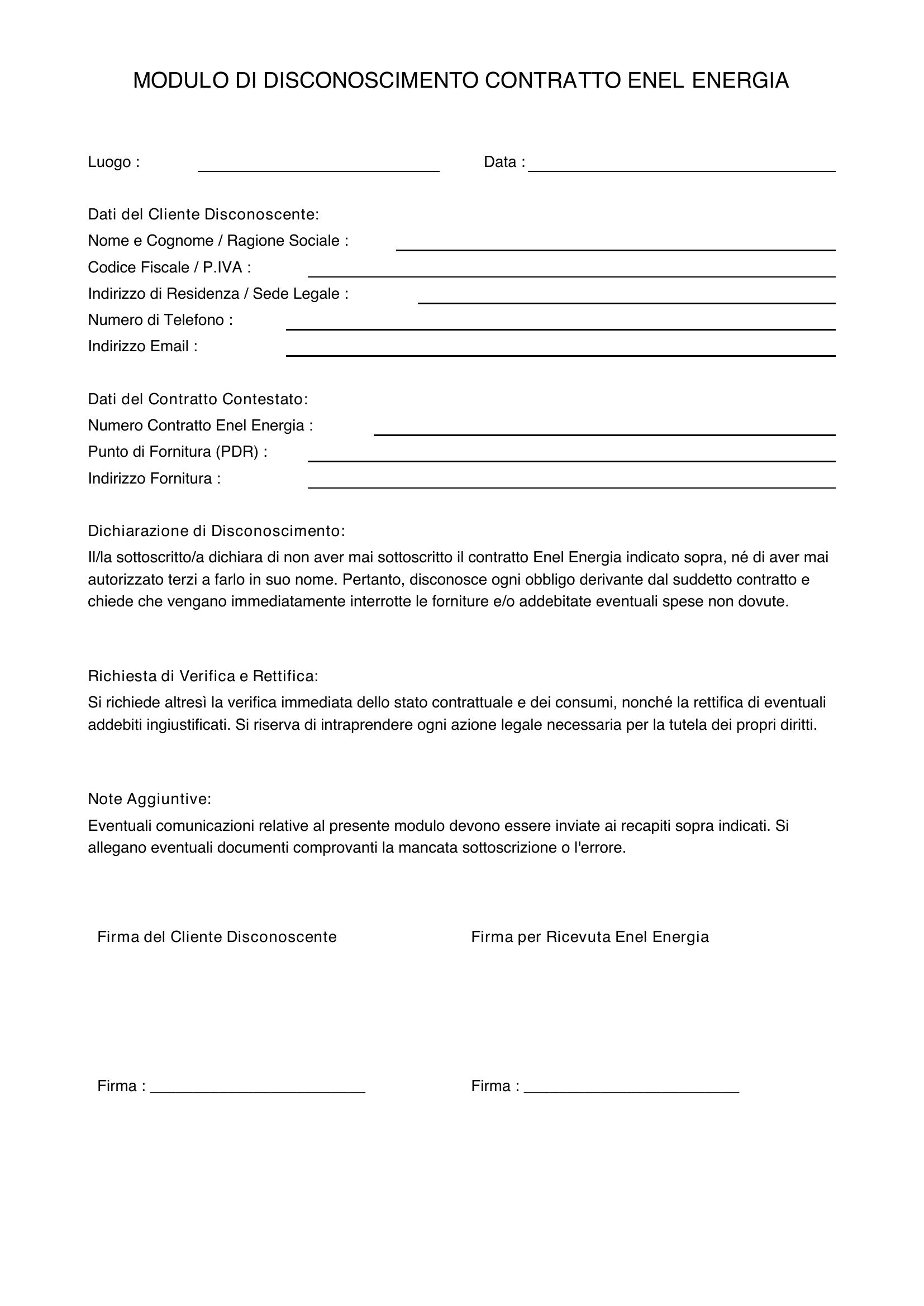 Modulo Disconoscimento Contratto Enel Energia