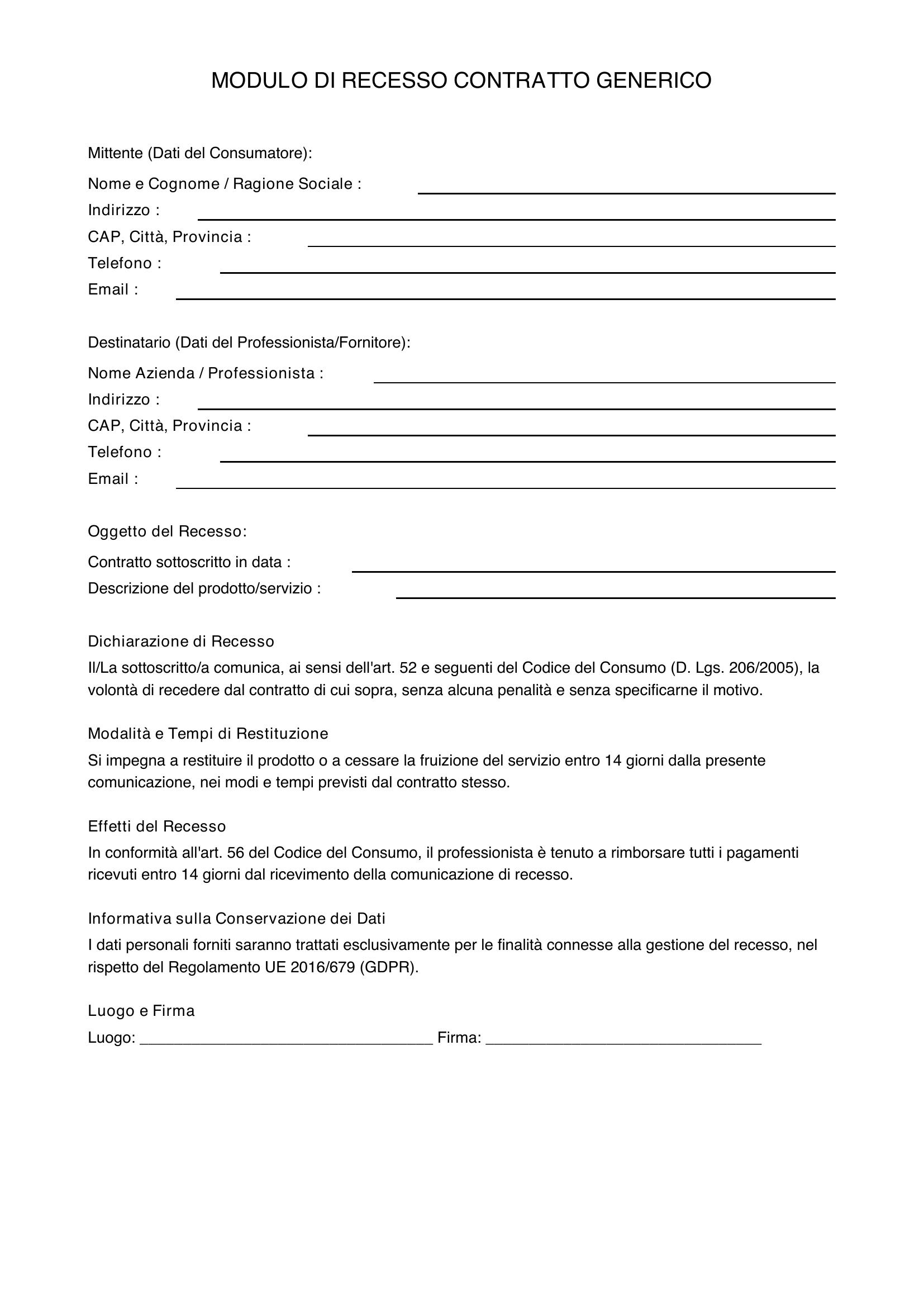 Modulo Recesso Contratto Generico