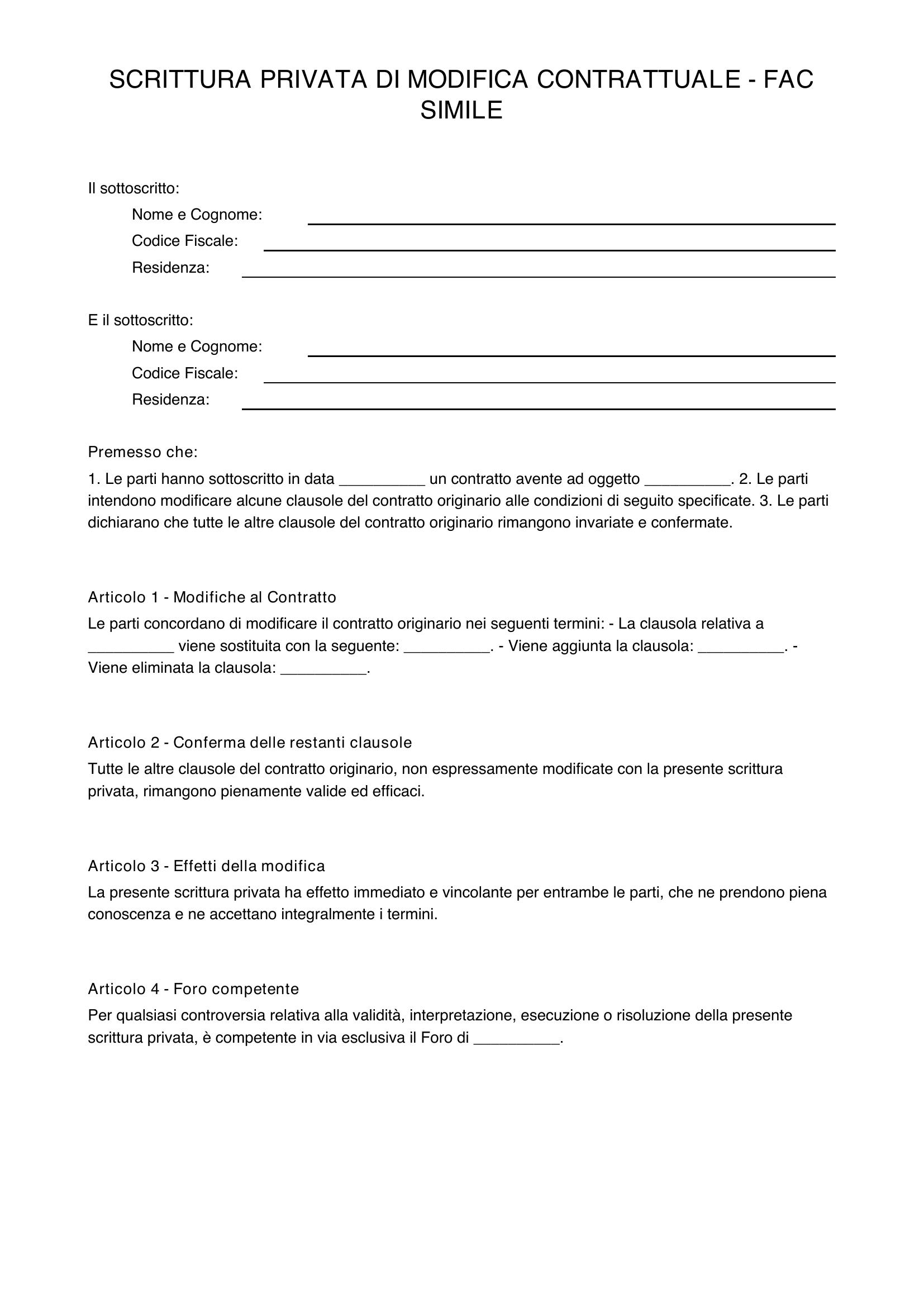 Scrittura Privata Modifica Contratto Fac Simile